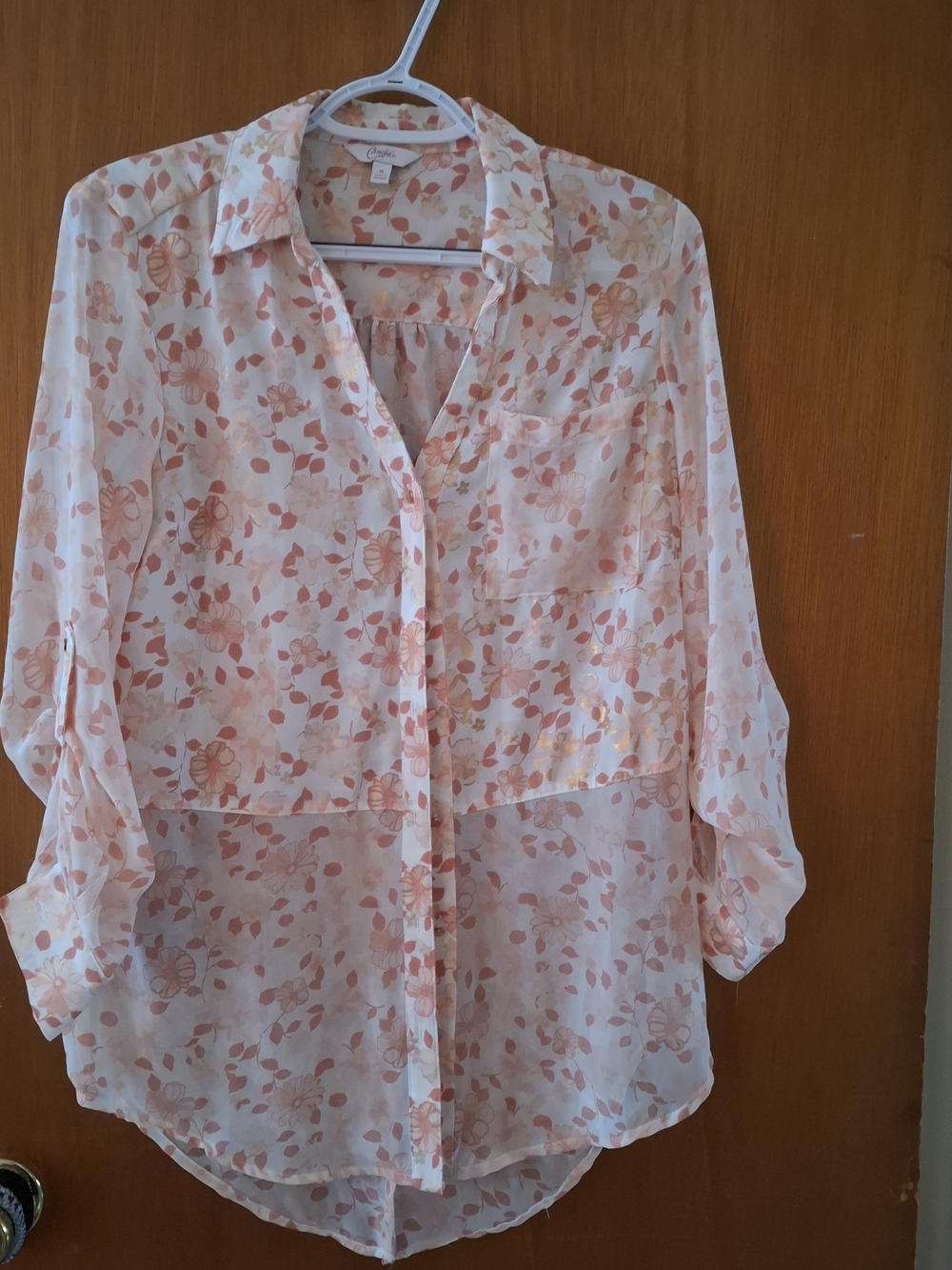 Candie's Sheer Floral Button-Up Blouse - Peach & White